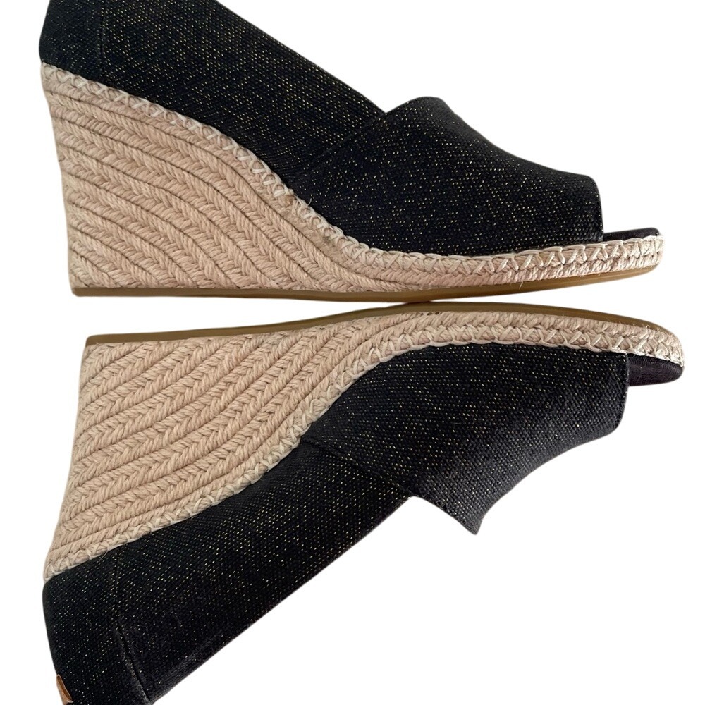 Tom's Classic‎ Black Denim+Gold Wedge Peep Toe Espadrille Heels SZ 10 Never Worn - Picture 6 of 8